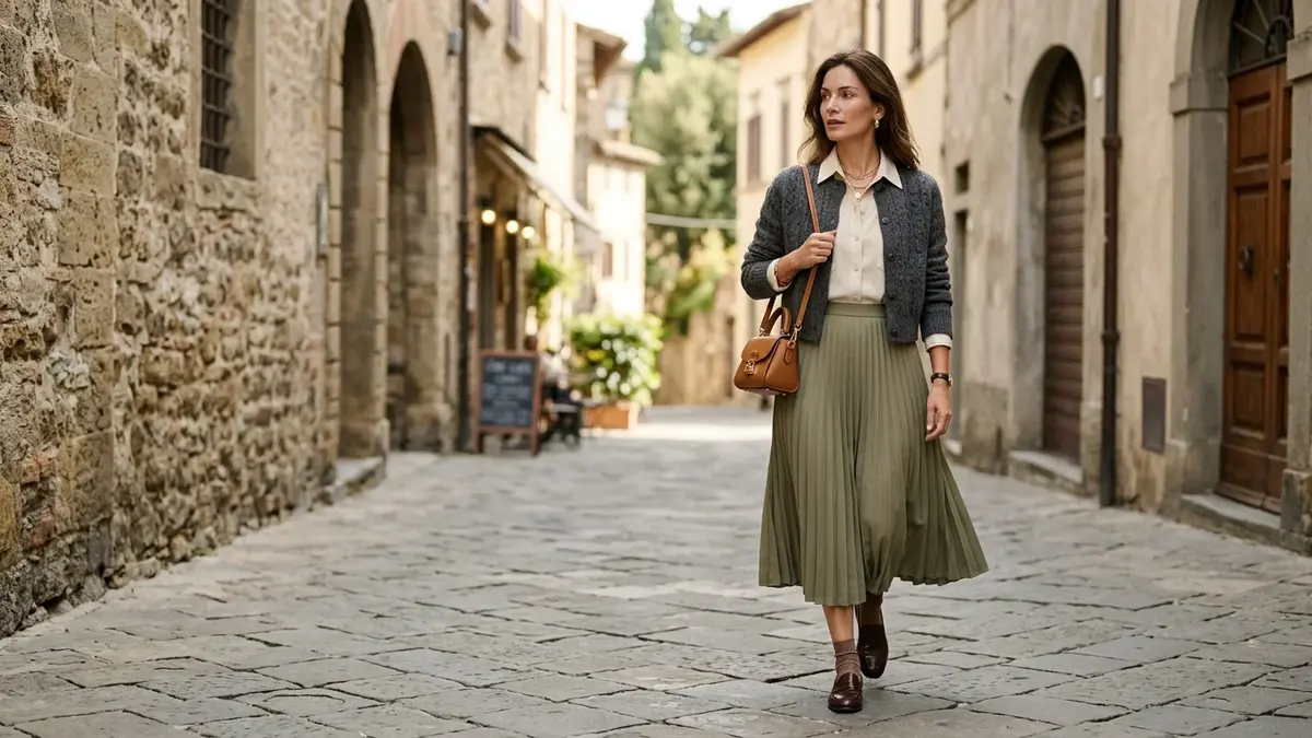 Miu Miu-inspired luxury fashion featuring a pleated skirt, cardigan and designer-style handbag.