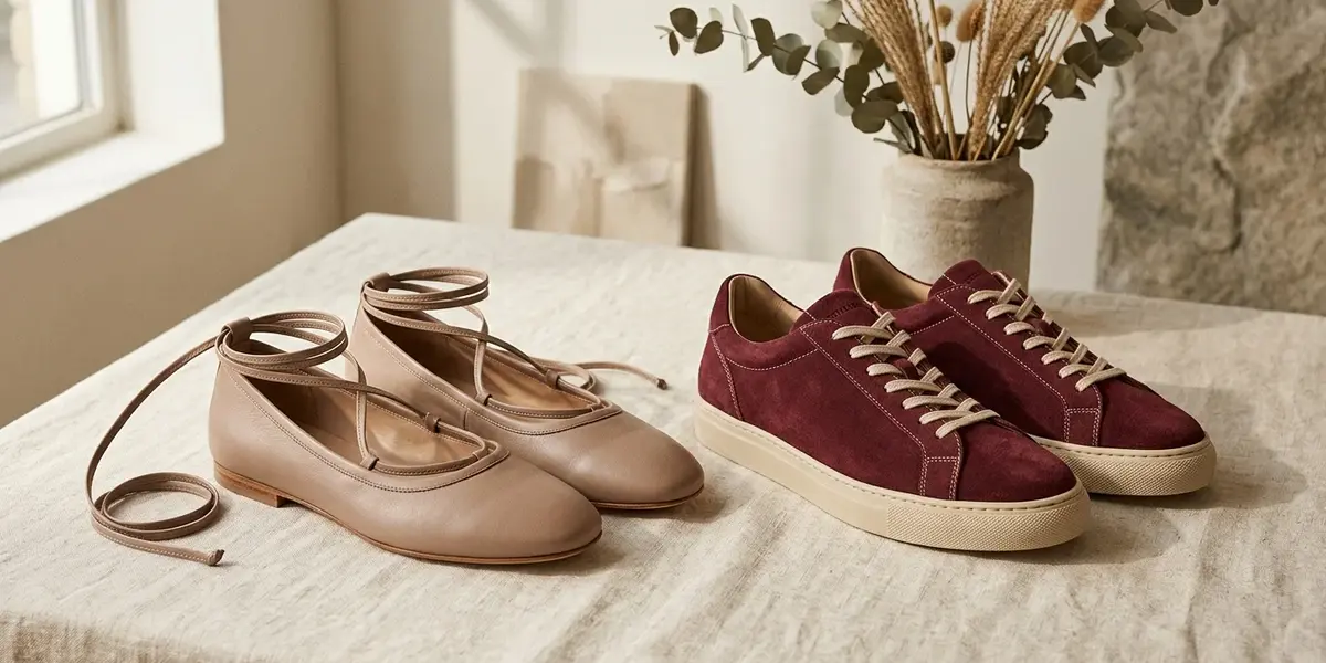 Ballet flats and suede sneakers representing feminine and sporty luxury footwear trends in 2026.