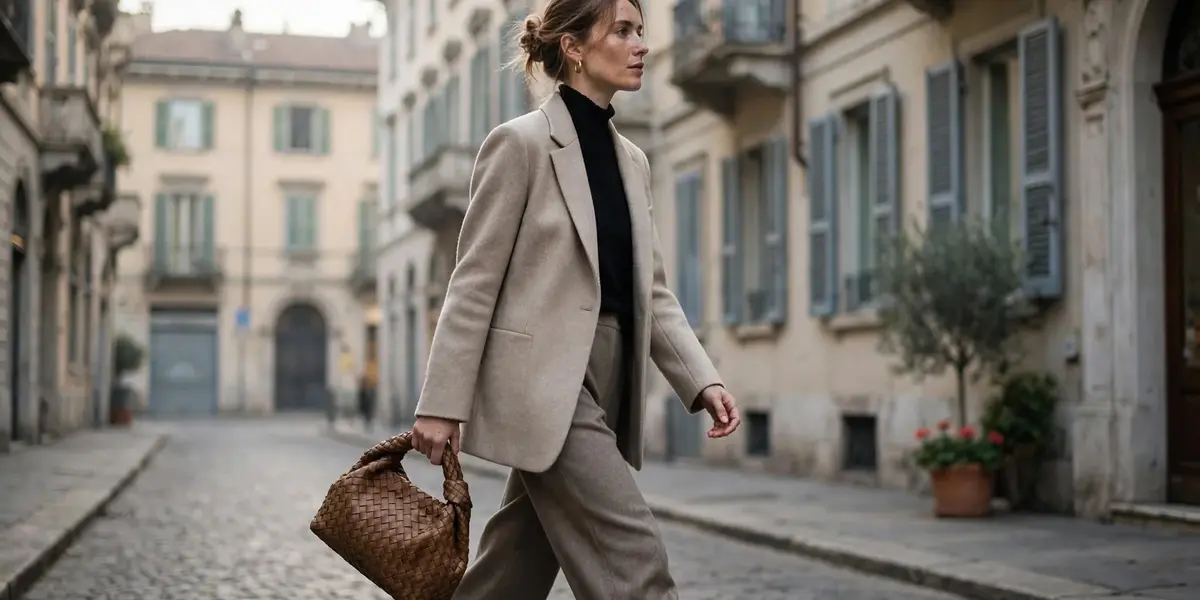 Woman carrying a Bottega Veneta woven leather handbag in a Milan street