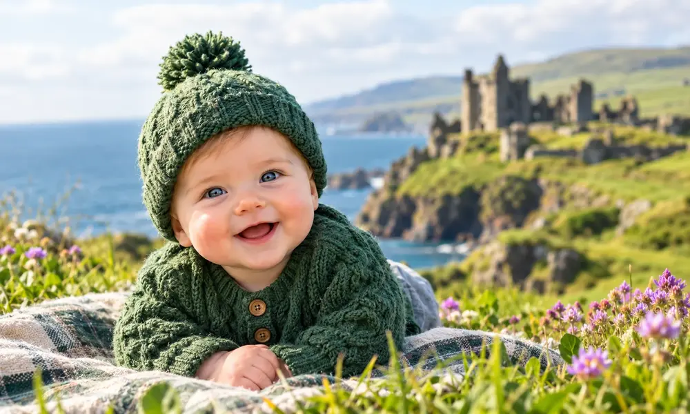 A happy baby wearing a green knit pom-pom hat lying on a blanket with Dunluce Castle and the Irish coastline in the background