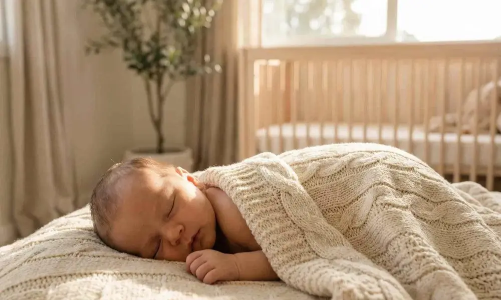 A smiling baby sitting outdoors on a blanket wearing a neutral knit cardigan.