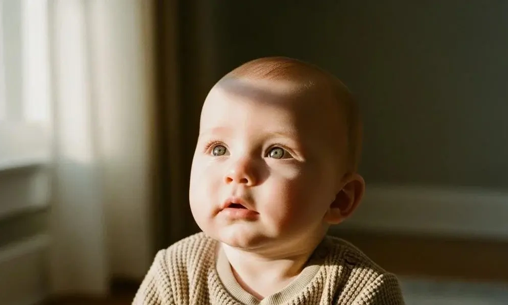 A cute baby wearing a neutral waffle-knit sweater sitting indoors near a window.