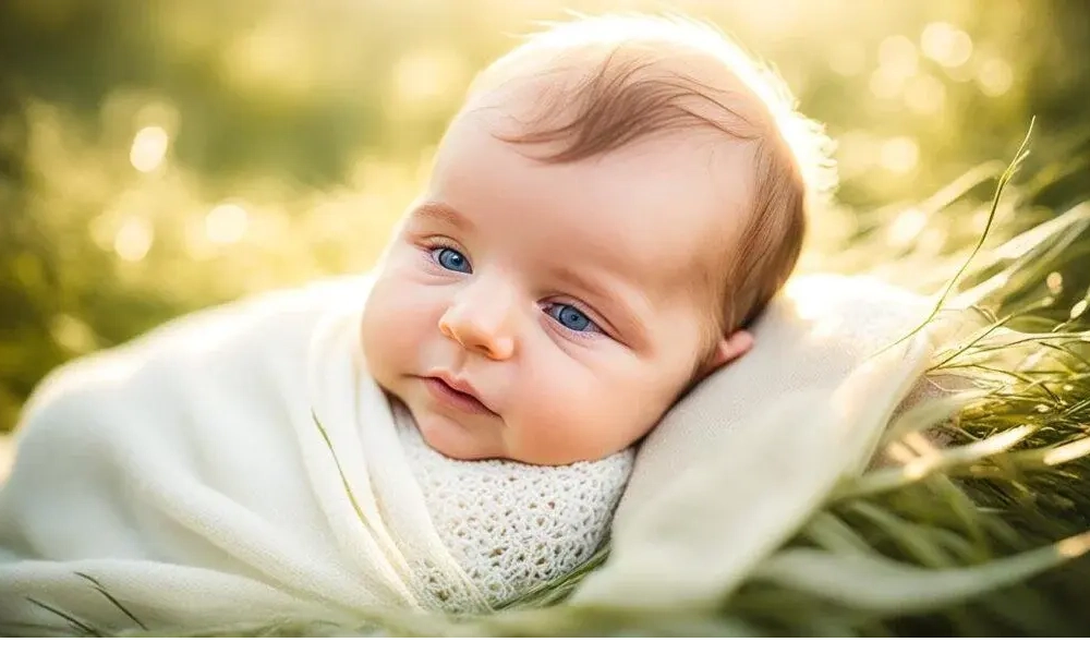 A swaddled newborn baby resting peacefully outdoors on soft grass in warm sunlight.