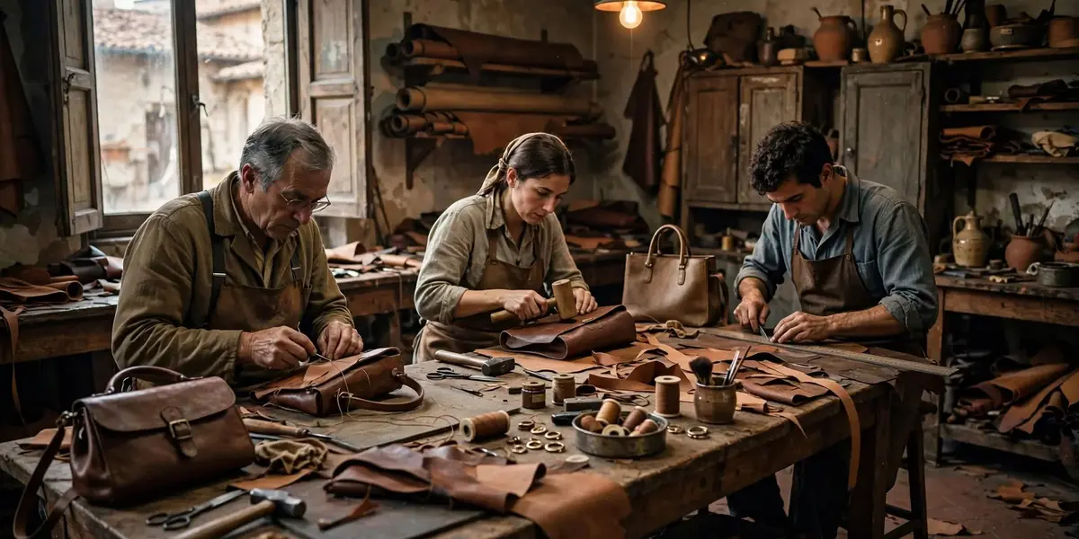 Italian leather artisans working in a traditional workshop inspired by Bottega Veneta's history