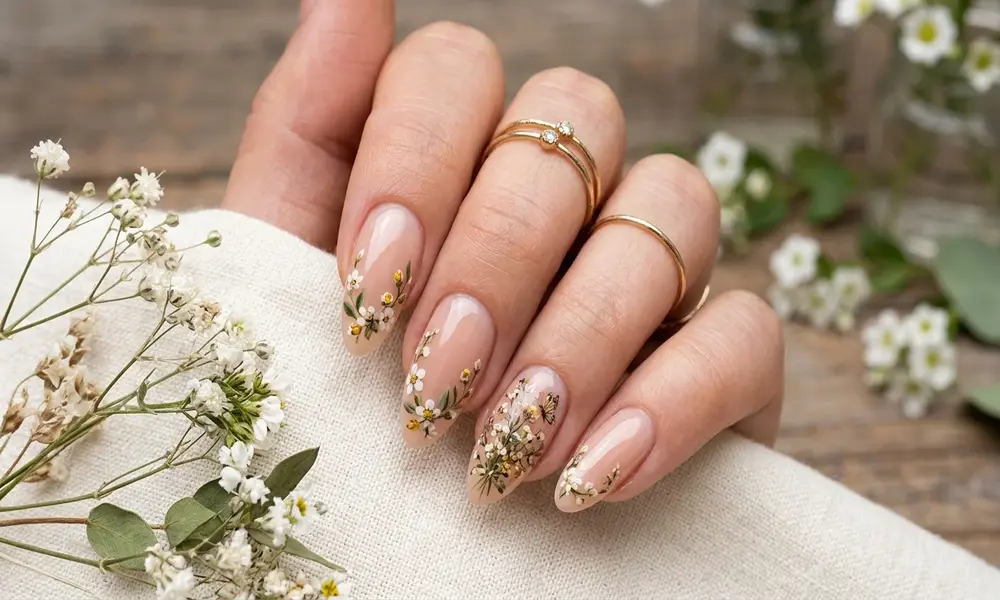 Natural almond Gel-X nails styled with delicate floral designs.