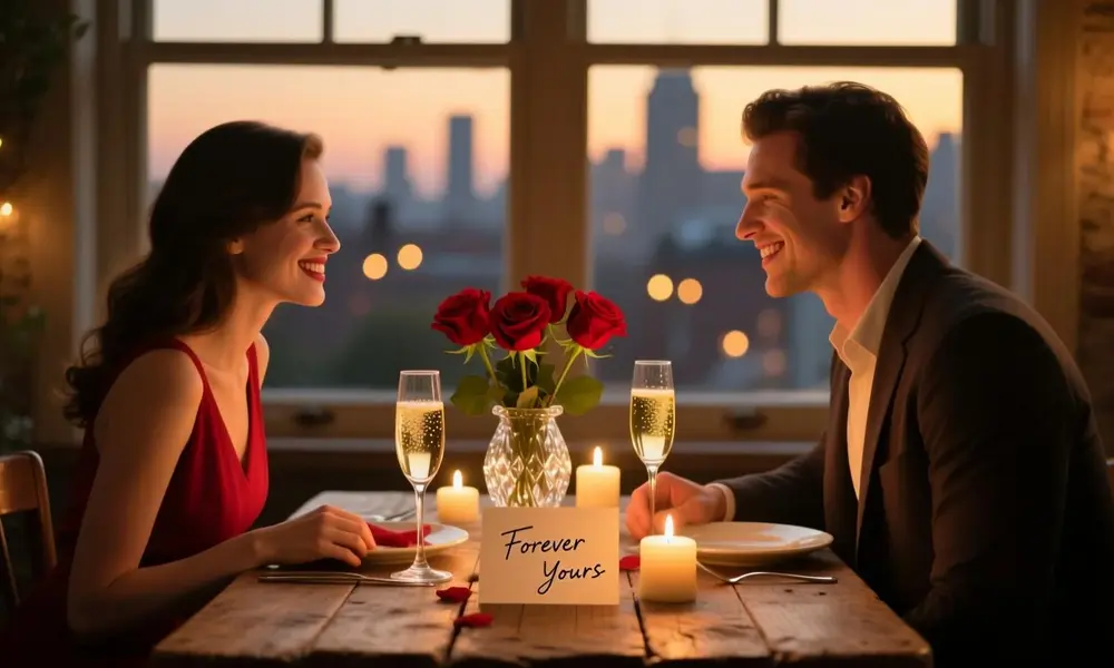 A romantic candlelit dinner for a couple with wine glasses and a vase of red roses