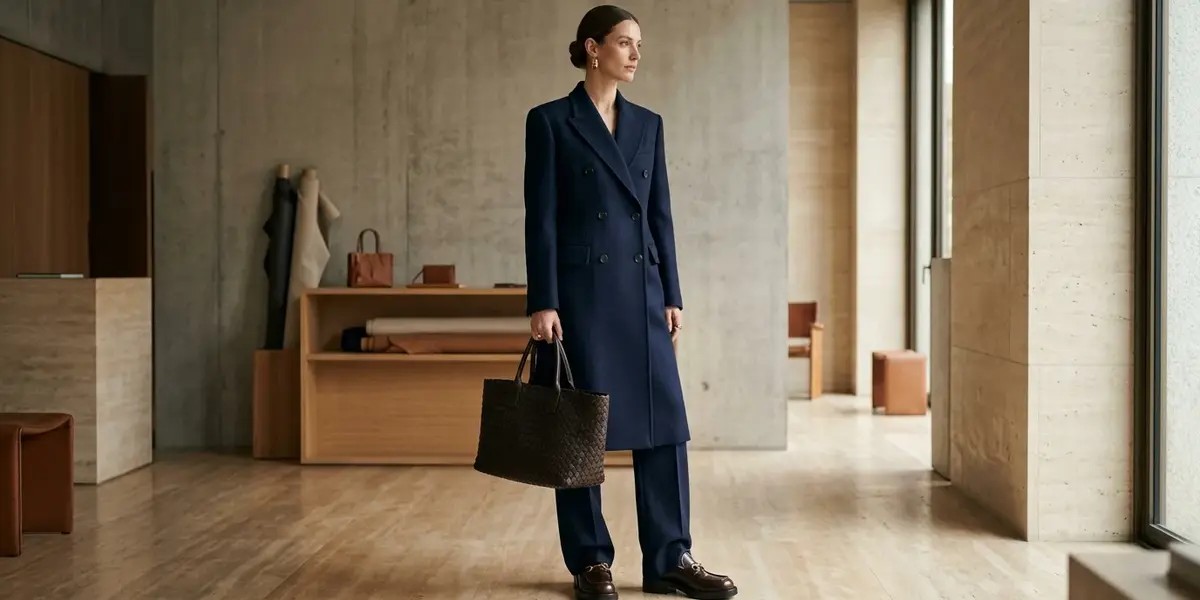 Italian luxury fashion look featuring leather shoes and tailored Bottega Veneta style clothing