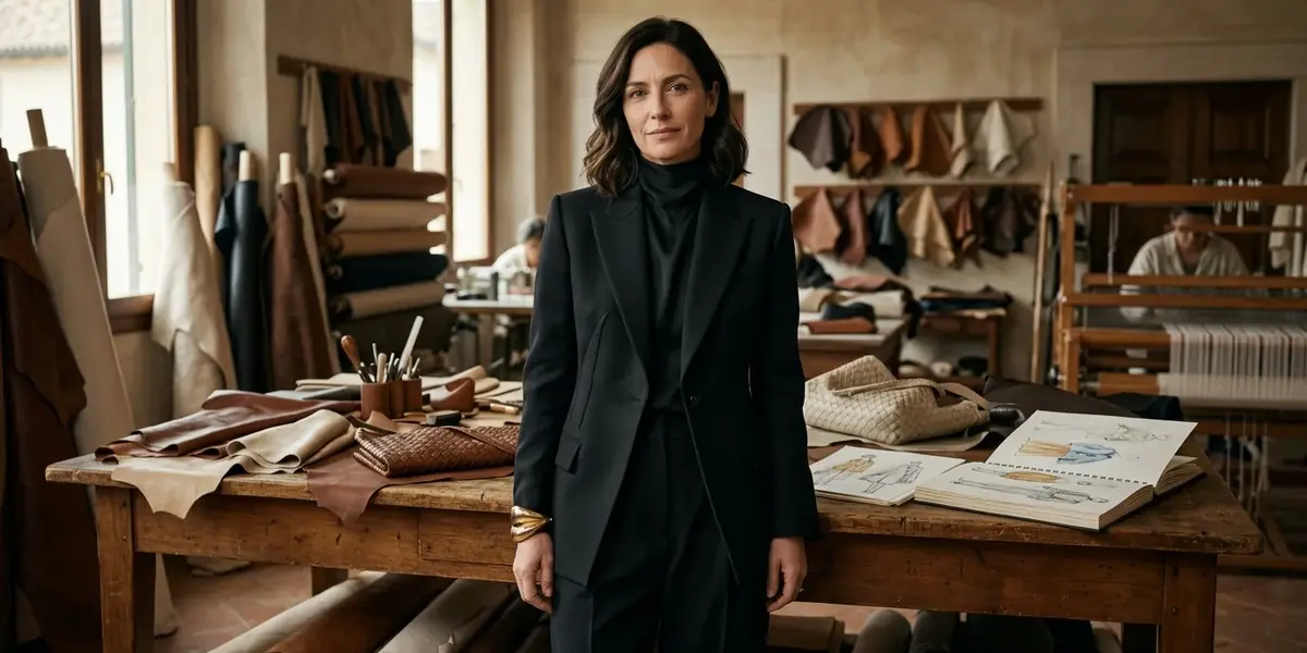 Luxury fashion creative director working with leather samples in an Italian atelier