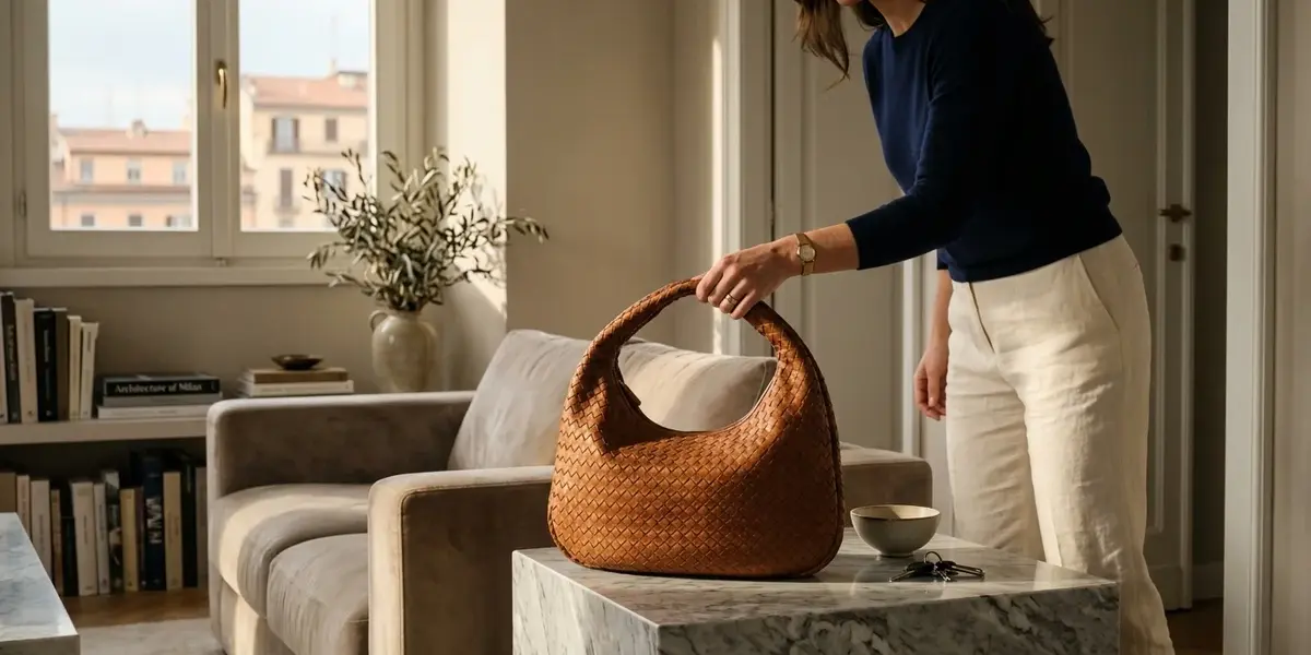 Woven leather luxury handbag in a modern Italian interior representing timeless luxury