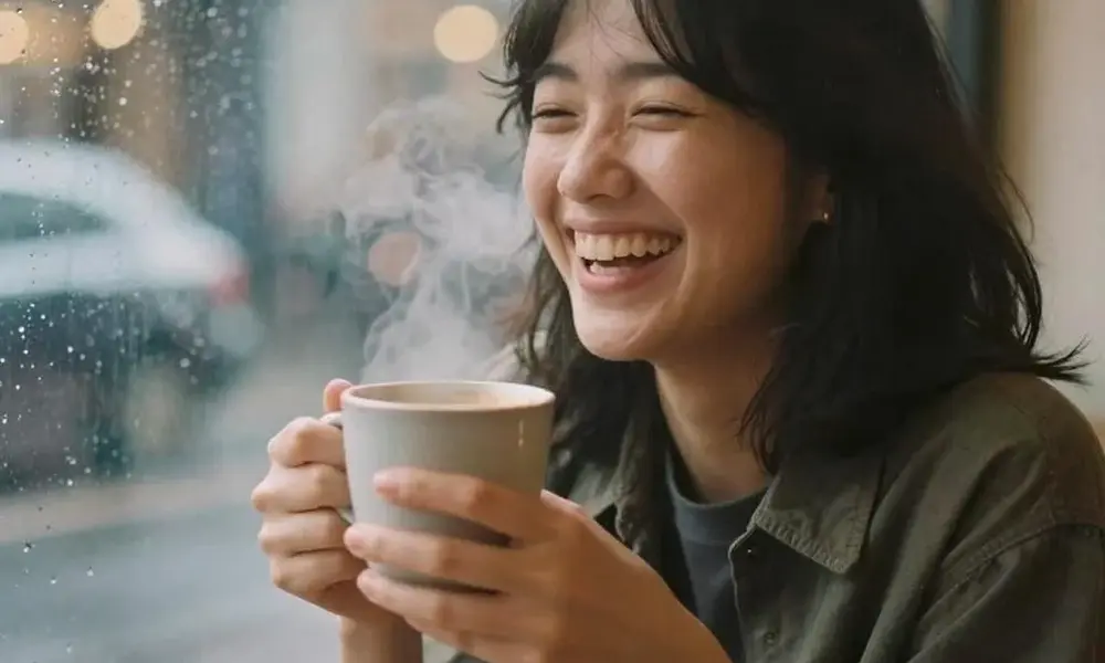 A cup of latte with detailed leaf art on top served a girl and she smile-Funny Puns