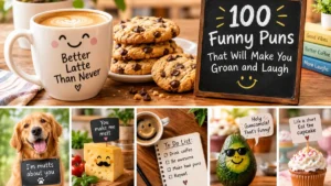 A collage of funny puns featuring a coffee mug, cookies, a smiling dog, cheese, an avocado, and a chalkboard sign.