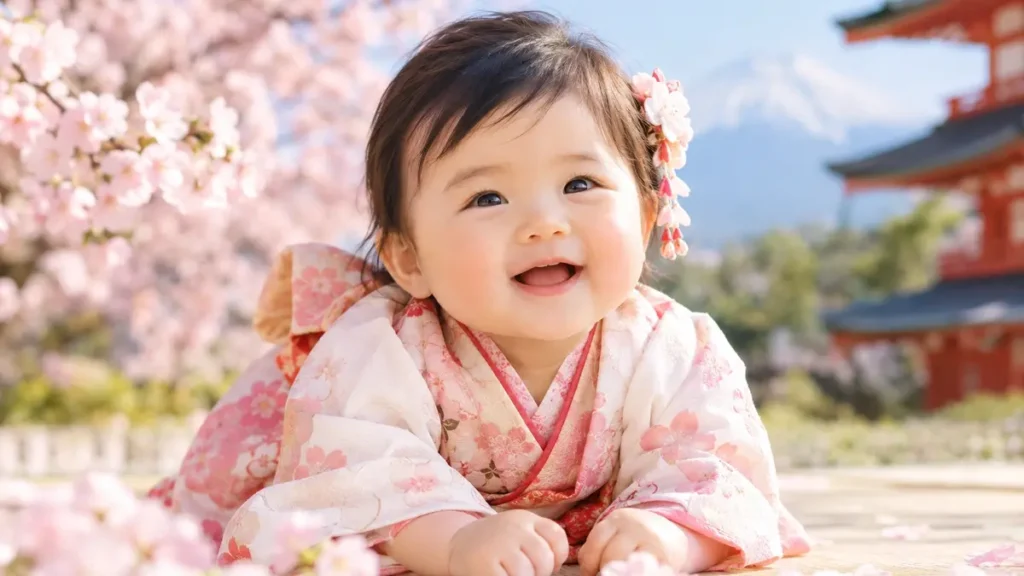 Smiling Japanese baby girl in a pink floral kimono lying under blooming cherry blossom trees with a pagoda and Mount Fuji in the background.