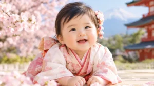 Smiling Japanese baby girl in a pink floral kimono lying under blooming cherry blossom trees with a pagoda and Mount Fuji in the background.