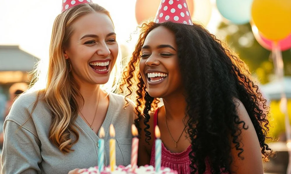 Two smiling friends wearing party hats and celebrating a birthday together.