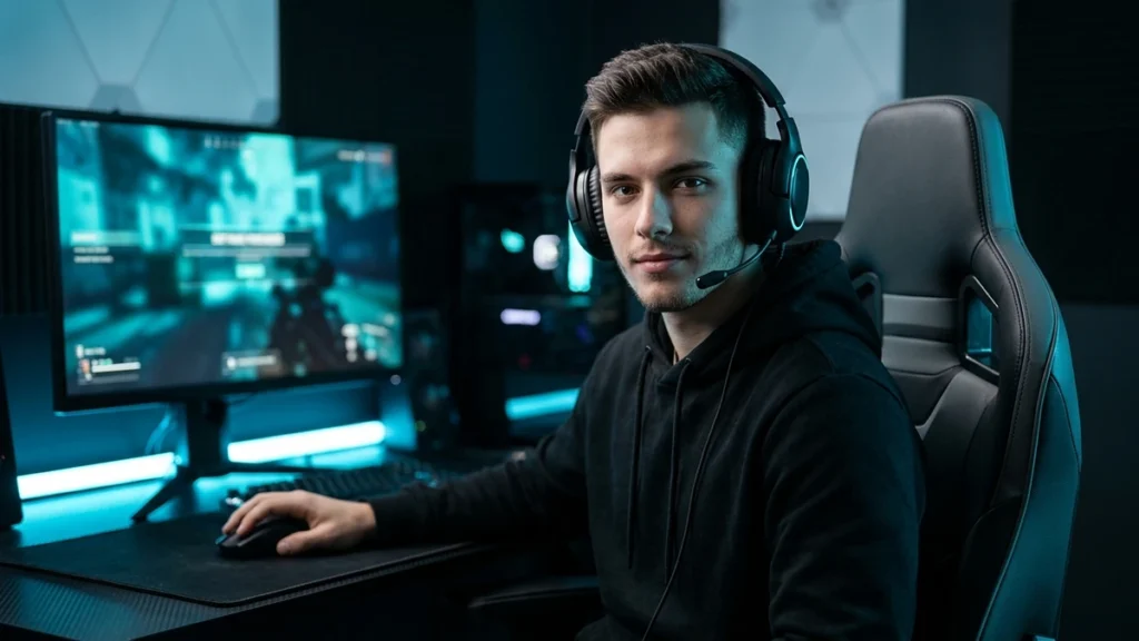 Male gamer sitting at a gaming setup wearing a headset, ready to pick cool game nicknames