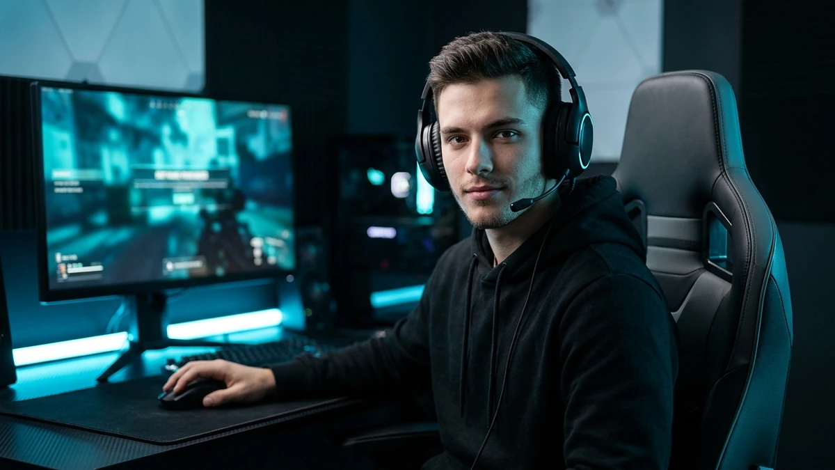 Male gamer sitting at a gaming setup wearing a headset, ready to pick cool game nicknames