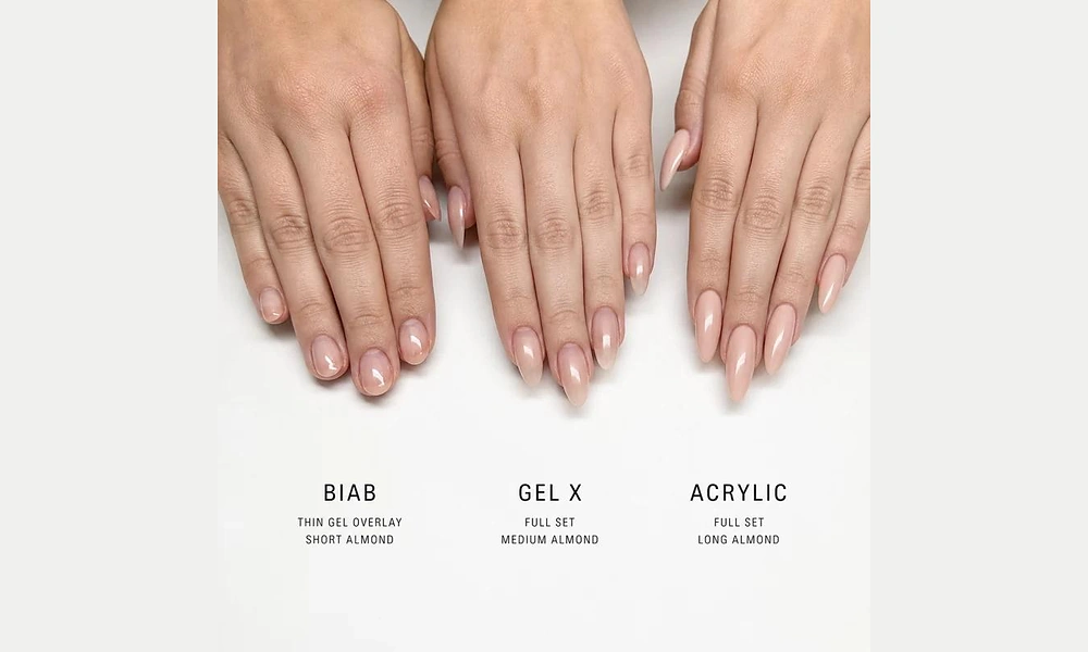 Hand comparison chart showing BIAB, gel x nails, and acrylic nail extensions side-by-side