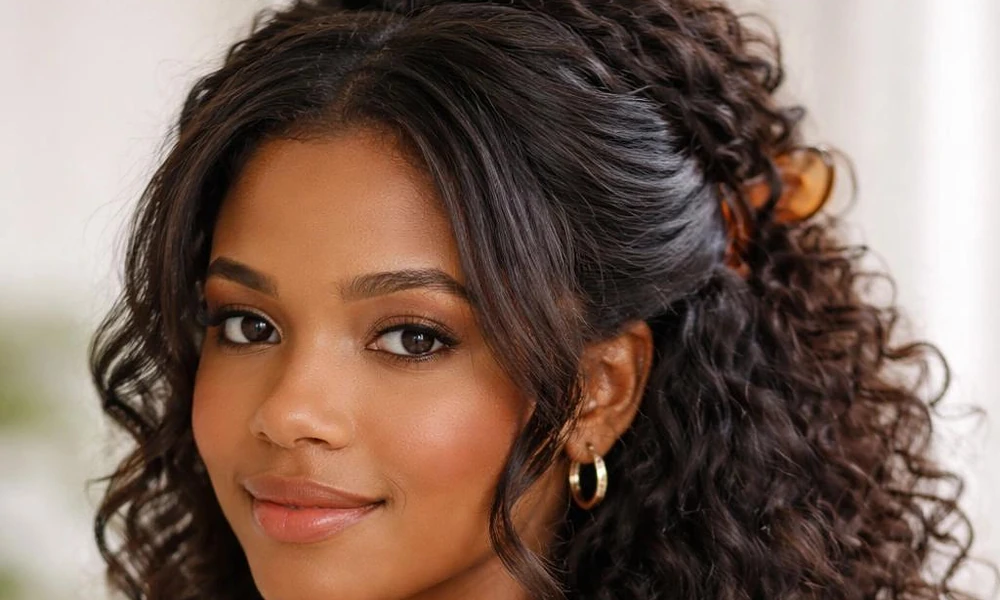 A secure half-up style pinned back with a claw clip while letting textured locks flow freely