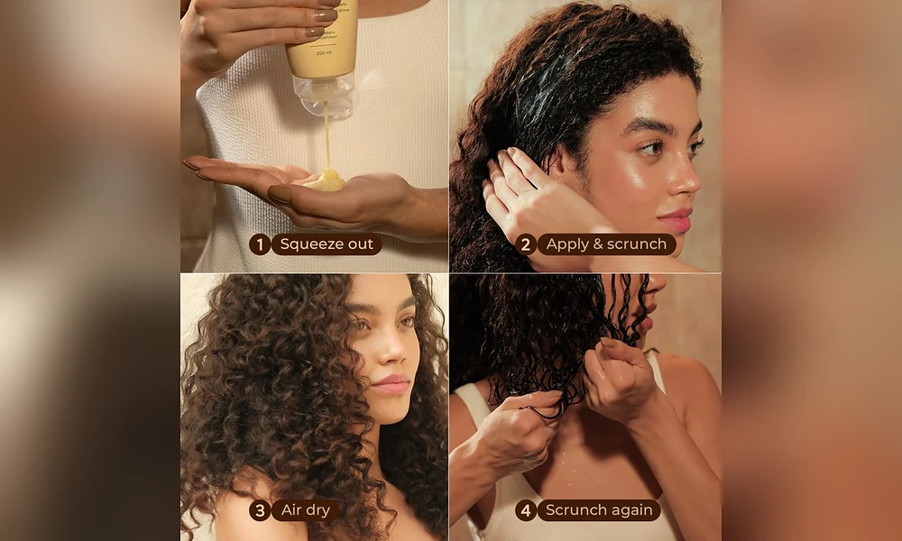 A multi-step visual guide showing how to dispense, apply, scrunch, and air-dry styling cream