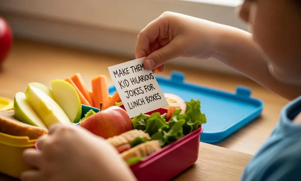 A child pulling a handwritten joke note out of a colorful lunchbox-puns for kids