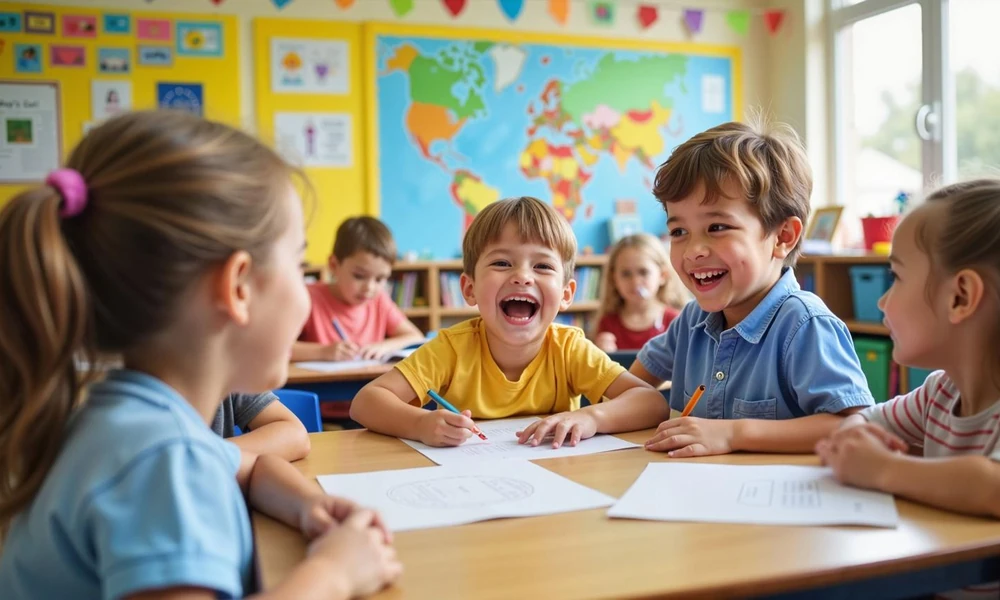Young students laughing brightly while working together at desks in a colorful classroom.