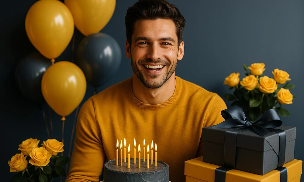 A smiling man celebrating his birthday with a small cake, wrapped gifts, and yellow roses.