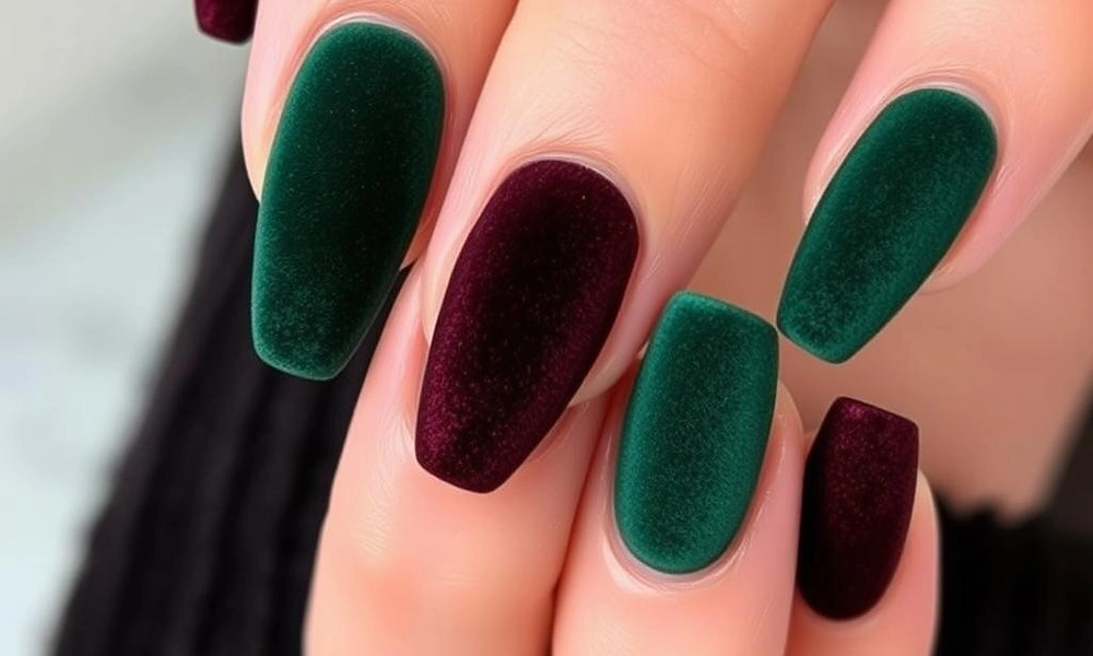 Luxurious matte velvet Christmas nails combining deep emerald green and rich burgundy shades