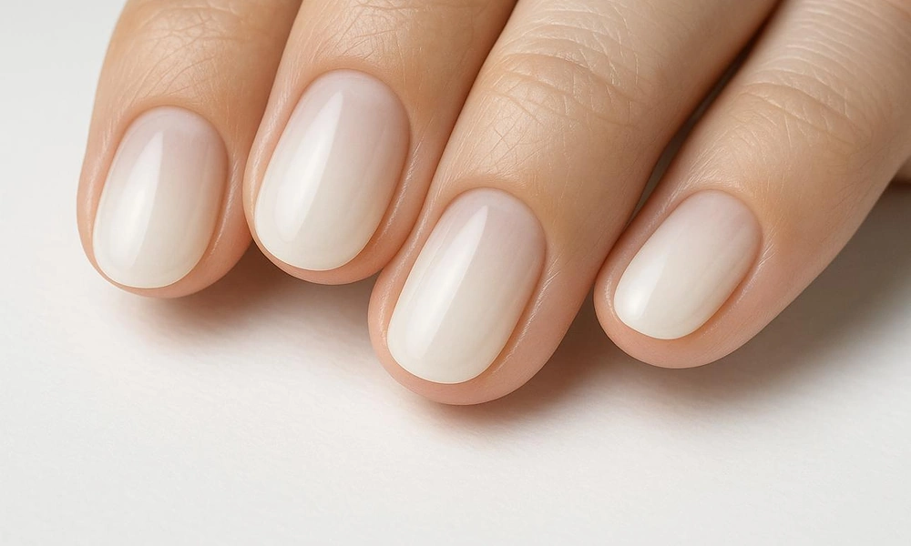 Soft semi-sheer off-white polish providing a clean and minimal finish on short rounded tips