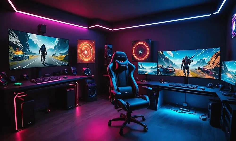 Ultimate neon-lit esports gaming room setup with multiple monitors to inspire cool gaming nicknames