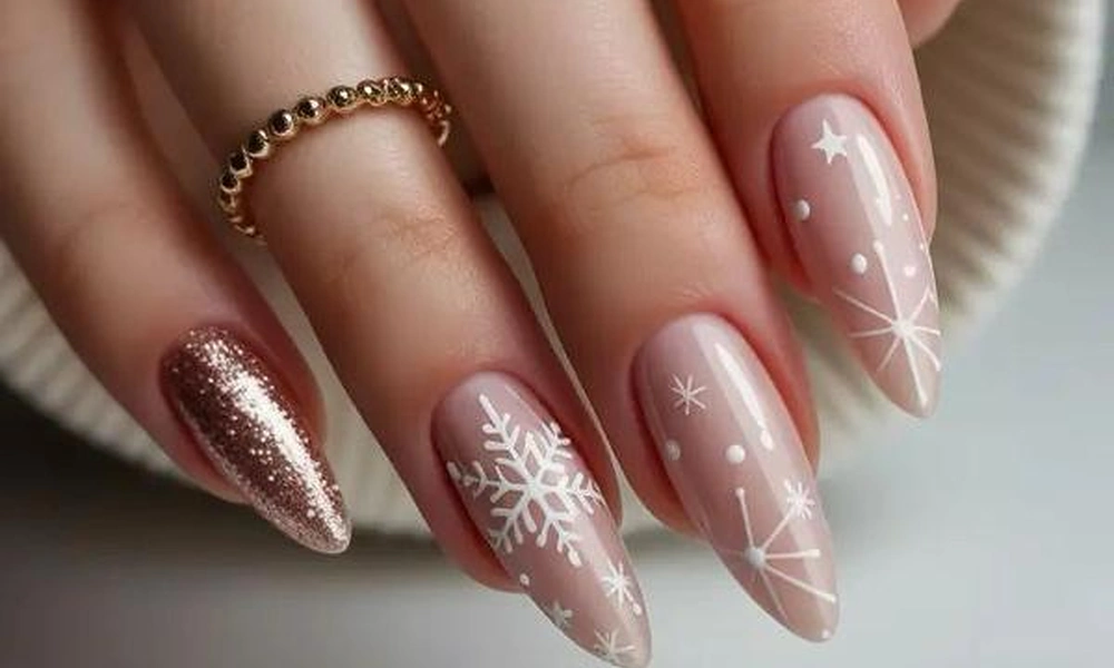 Soft pink Christmas nails adorned with delicate white snowflakes and shimmering rose-gold accents