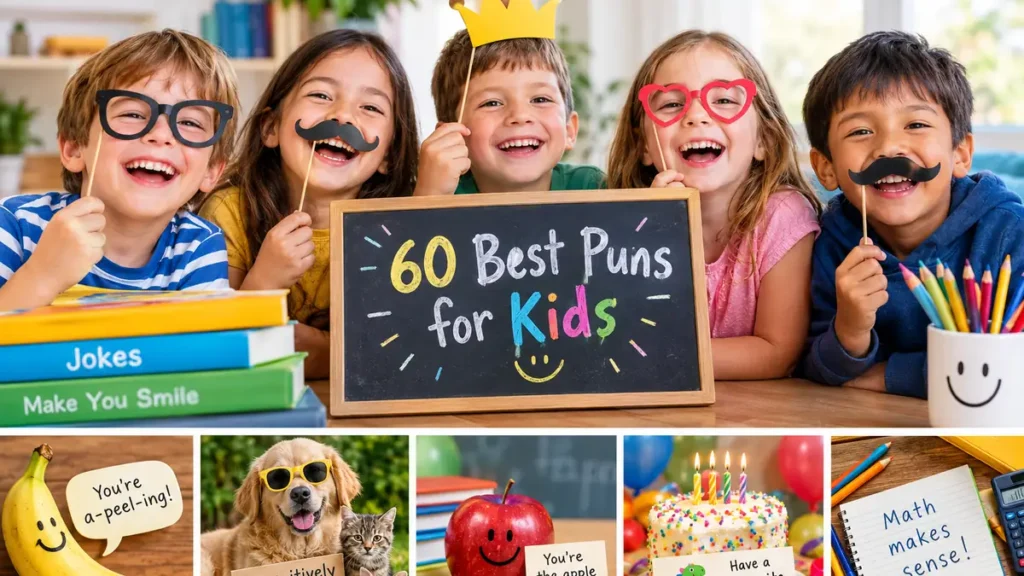 A group of smiling children holding funny photo booth props next to a blackboard reading 60 Best Puns for Kids