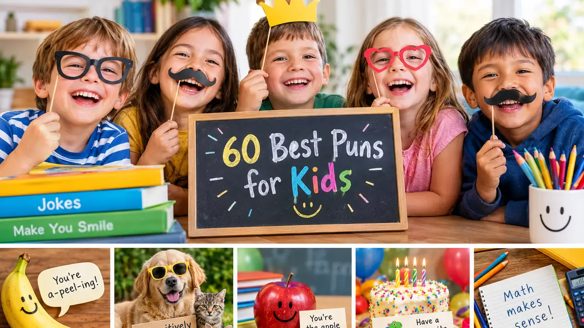 A group of smiling children holding funny photo booth props next to a blackboard reading 60 Best Puns for Kids