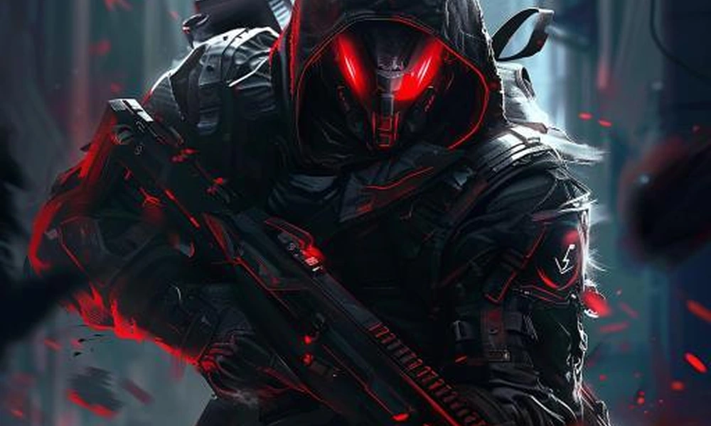 Futuristic hooded cyber soldier with glowing red visor and weapon, representing savage game nicknames