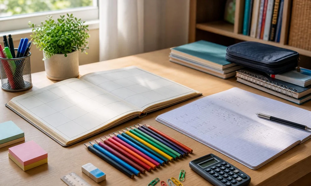 An organized school desk with notebooks, colorful pencils, a calculator, and a potted plant.