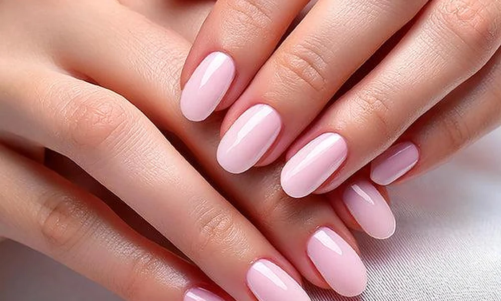Classic glossy light pink polish finished on elegant almond-shaped natural tips