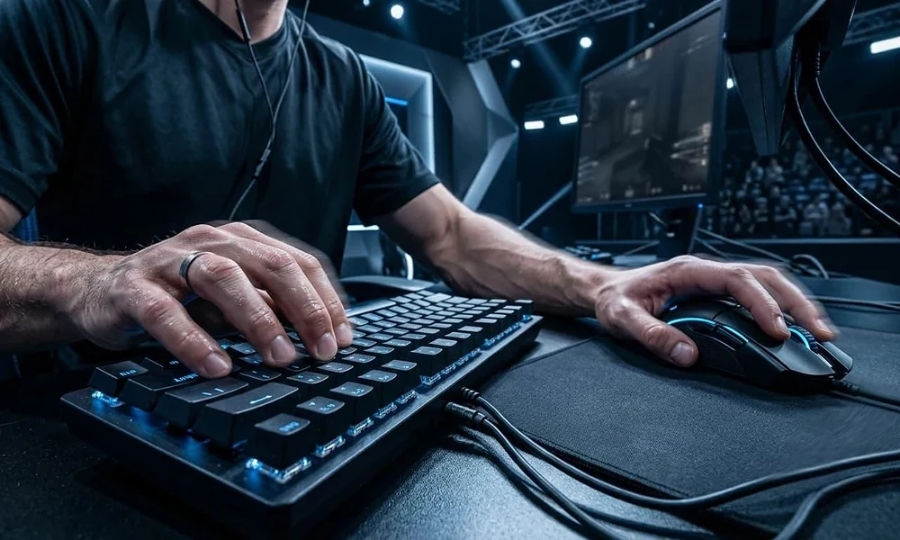 Close-up shot of competitive gamer's hands on a mechanical keyboard and gaming mouse, perfect for sweaty game nicknames