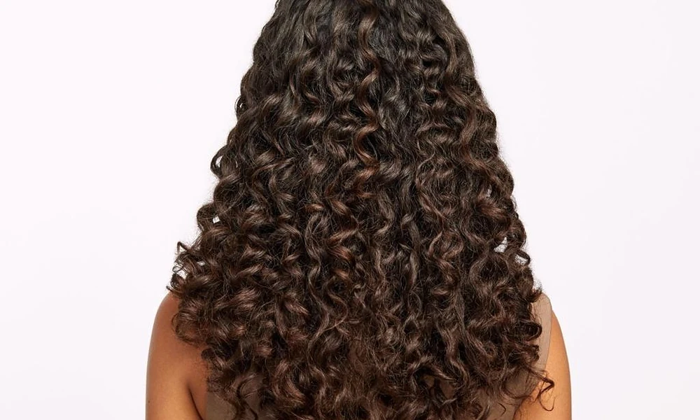 Back view of thick, cascading brunette ringlets showing natural volume and elasticity