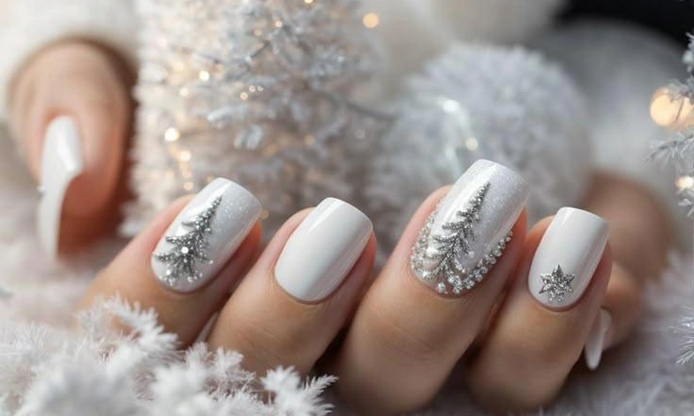 Snowy white Christmas tree nails decorated with sparkling silver glitter and crystal details