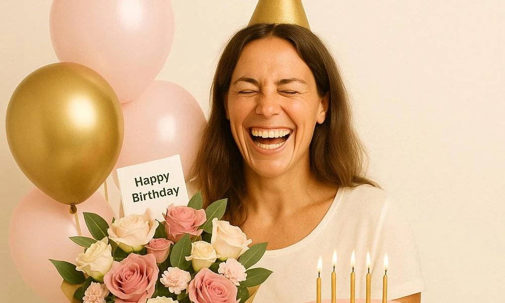 A woman laughing happily next to birthday flowers, a card, and balloons.
